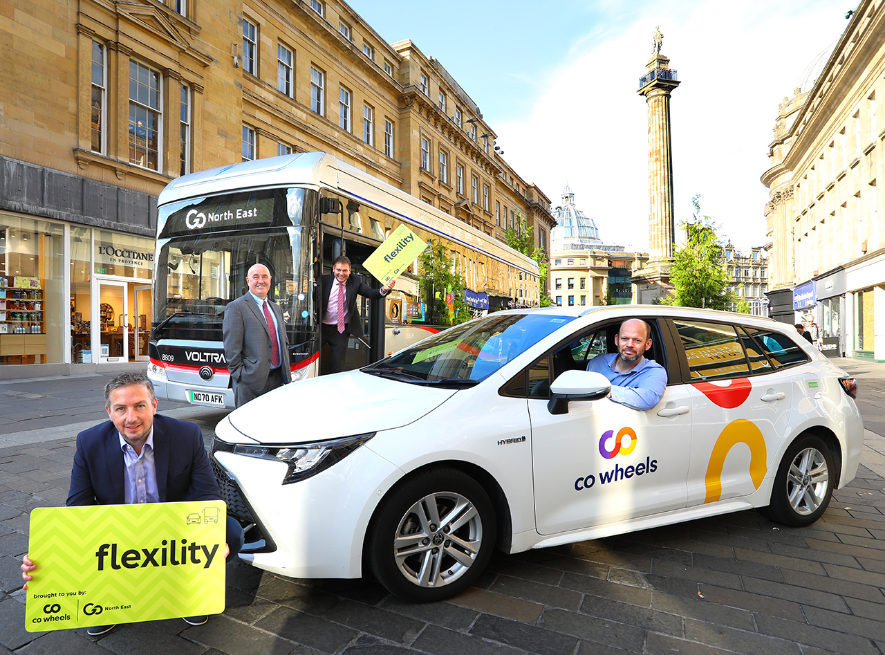 (L-R) Richard Falconer, managing director of Co-Wheels; Cllr Ged Bell, Newcastle City Council's Cabinet Member for Development, Neighbourhoods and Transport; Martijn Gilbert, managing director of Go North East; and Jamie Driscoll, North of Tyne Mayor